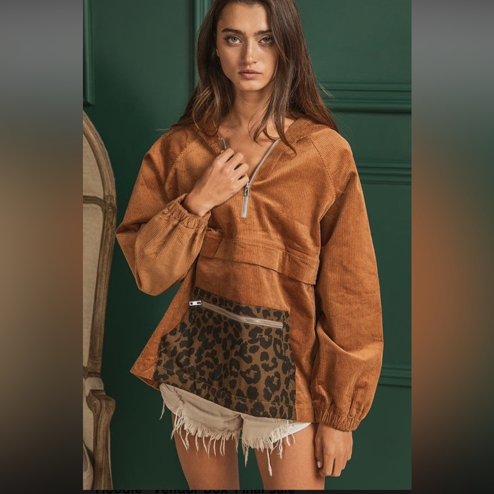 BiBi Corduroy and Leopard 3/4 Zip Pullover Jacket - Top